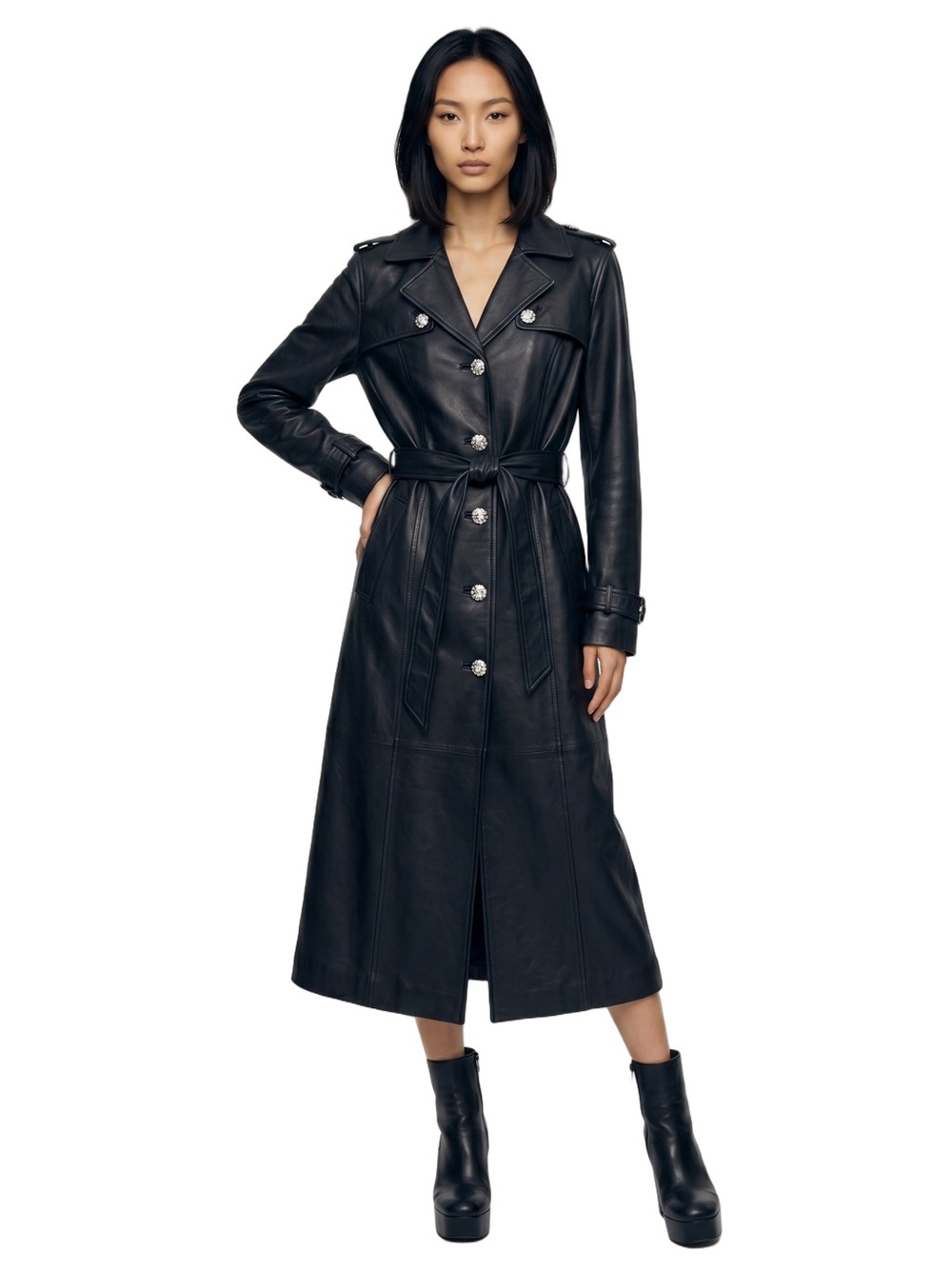 DENNIS BASSO Trench coat Black faux leather Full length Vintage SMALL Trending - Picture 1 of 16